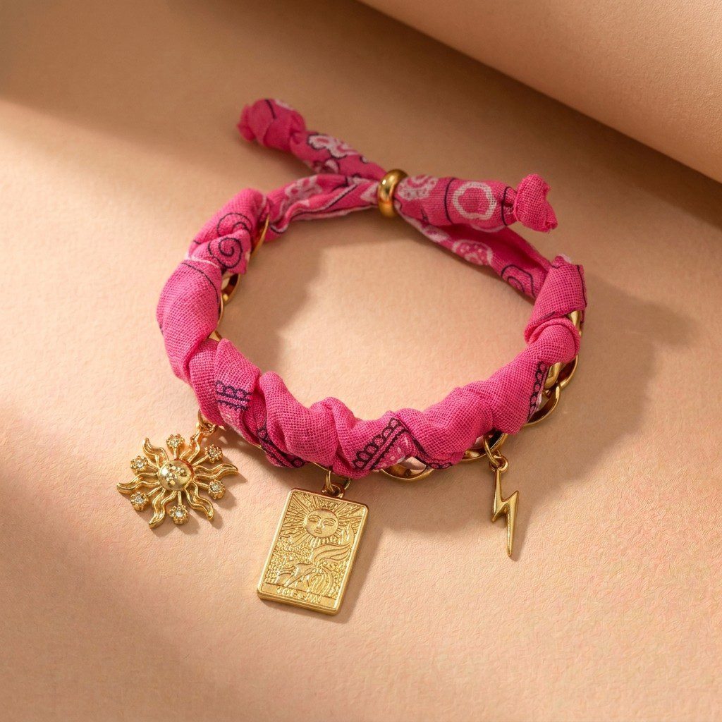 Celestial Bandana Scarf Gold Charm Chain Bracelet - Fluorescent pink
