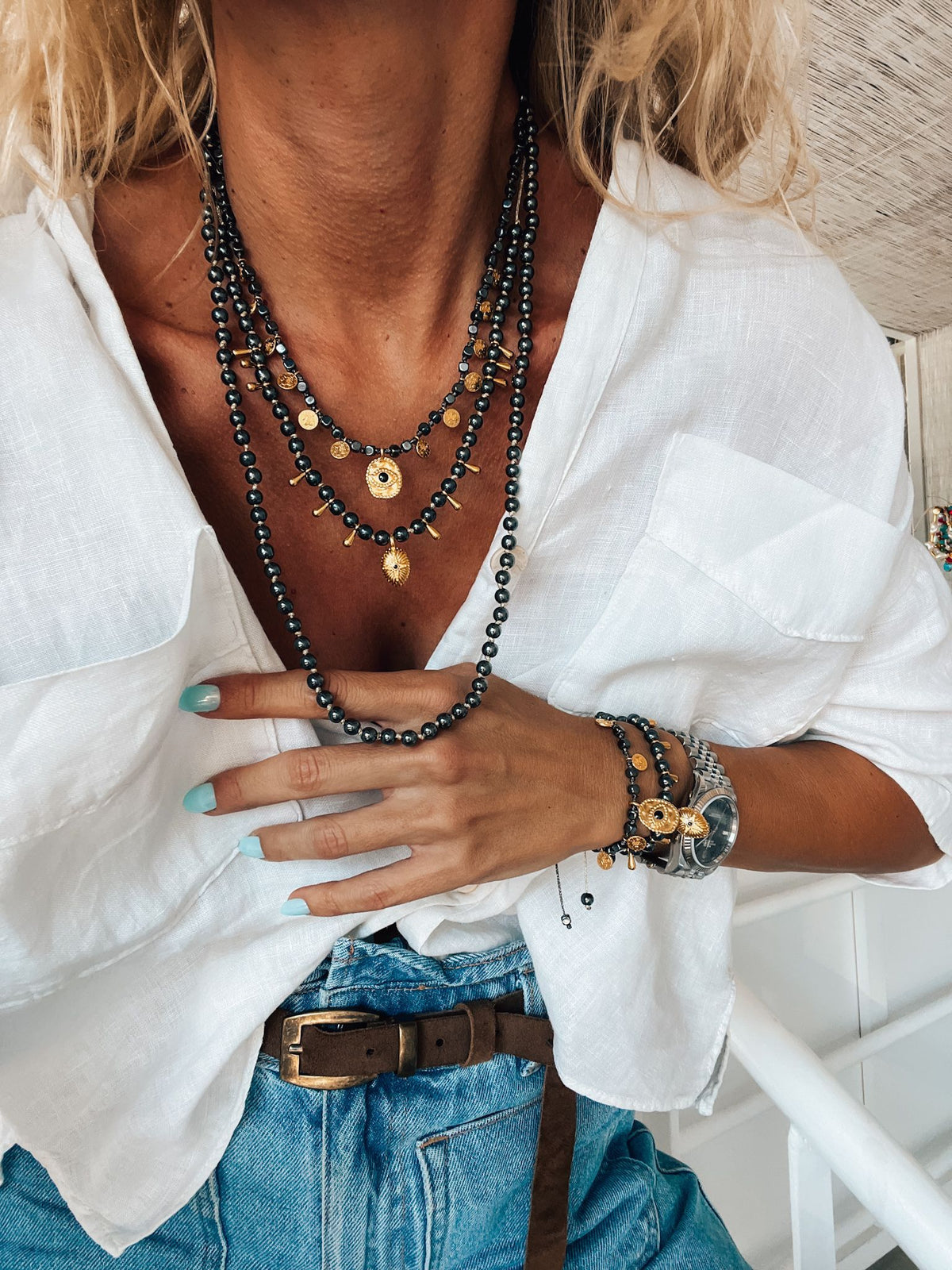 Black hematite with gold protection necklace with eye charm