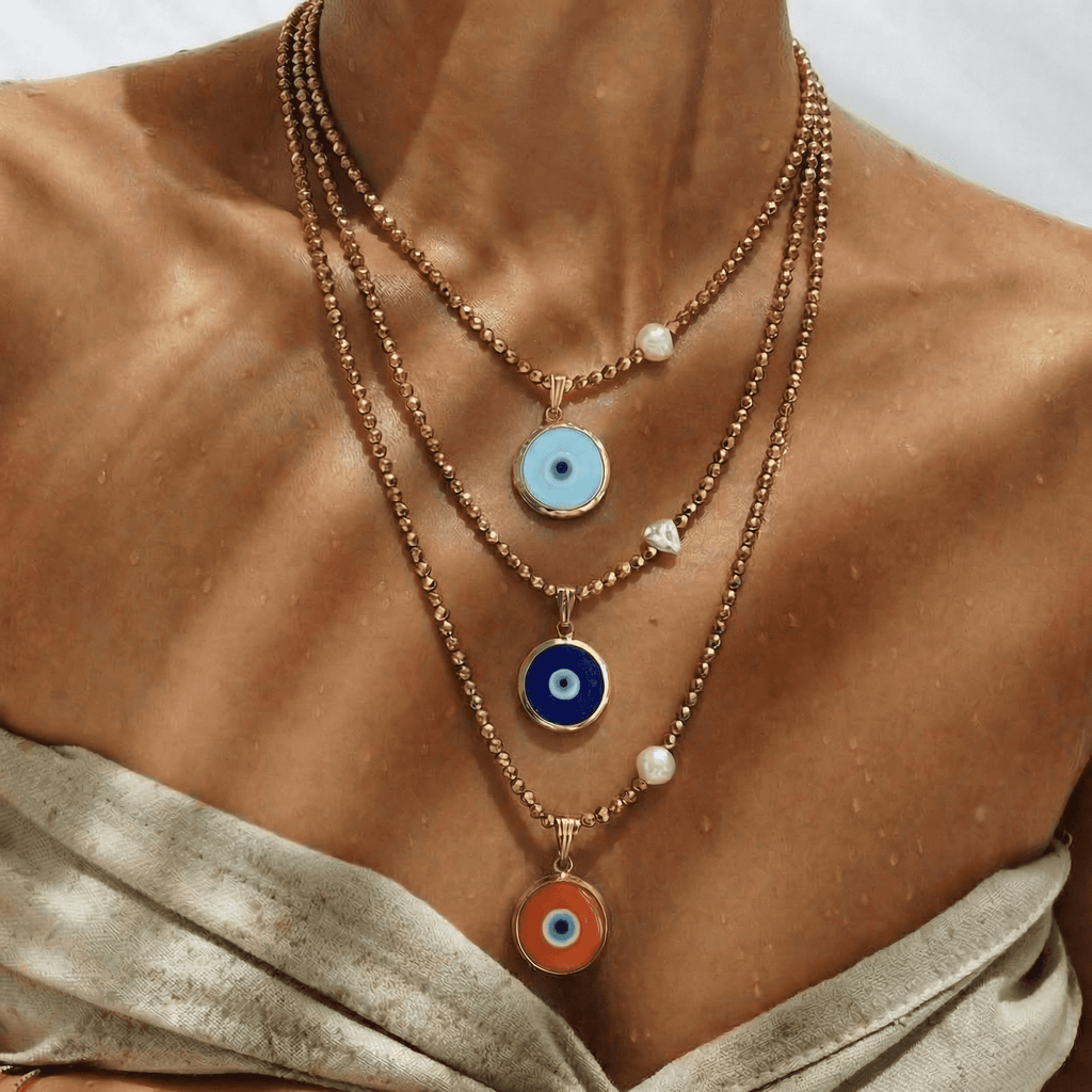 Baby Blue Glass Evil Eye Necklace with Gold Hematite & Pearl