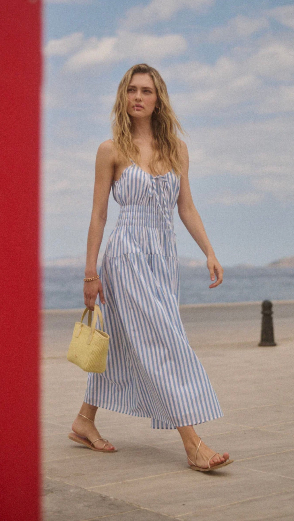 Nefeli Strap Long Dress White/Blue Stripes — Apoella