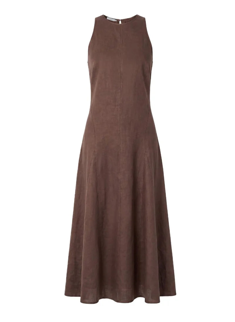 Evelina Godet Linen Dress Espresso — Apoella