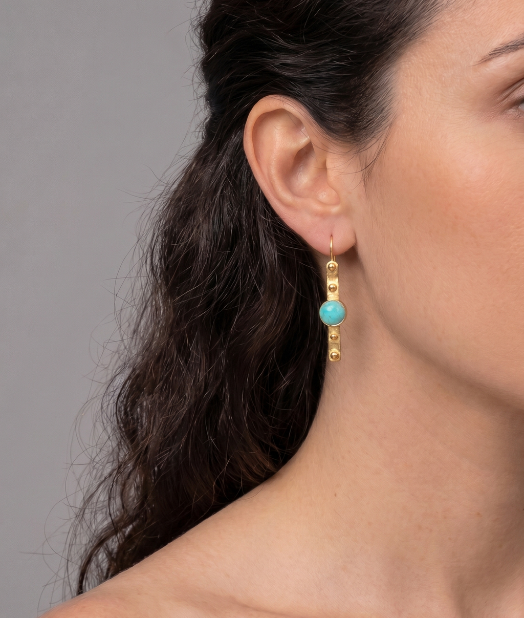 Gold Hoop Boho Earrings with Aquamarine stone