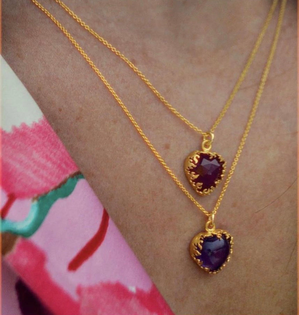 Handmade Flaming Heart Bezel Necklace, Gold-Plated Chain, Cabochon Stone — Chase The Sun