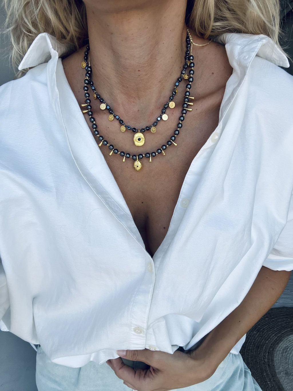 Black hematite with gold protection necklace with cross charm