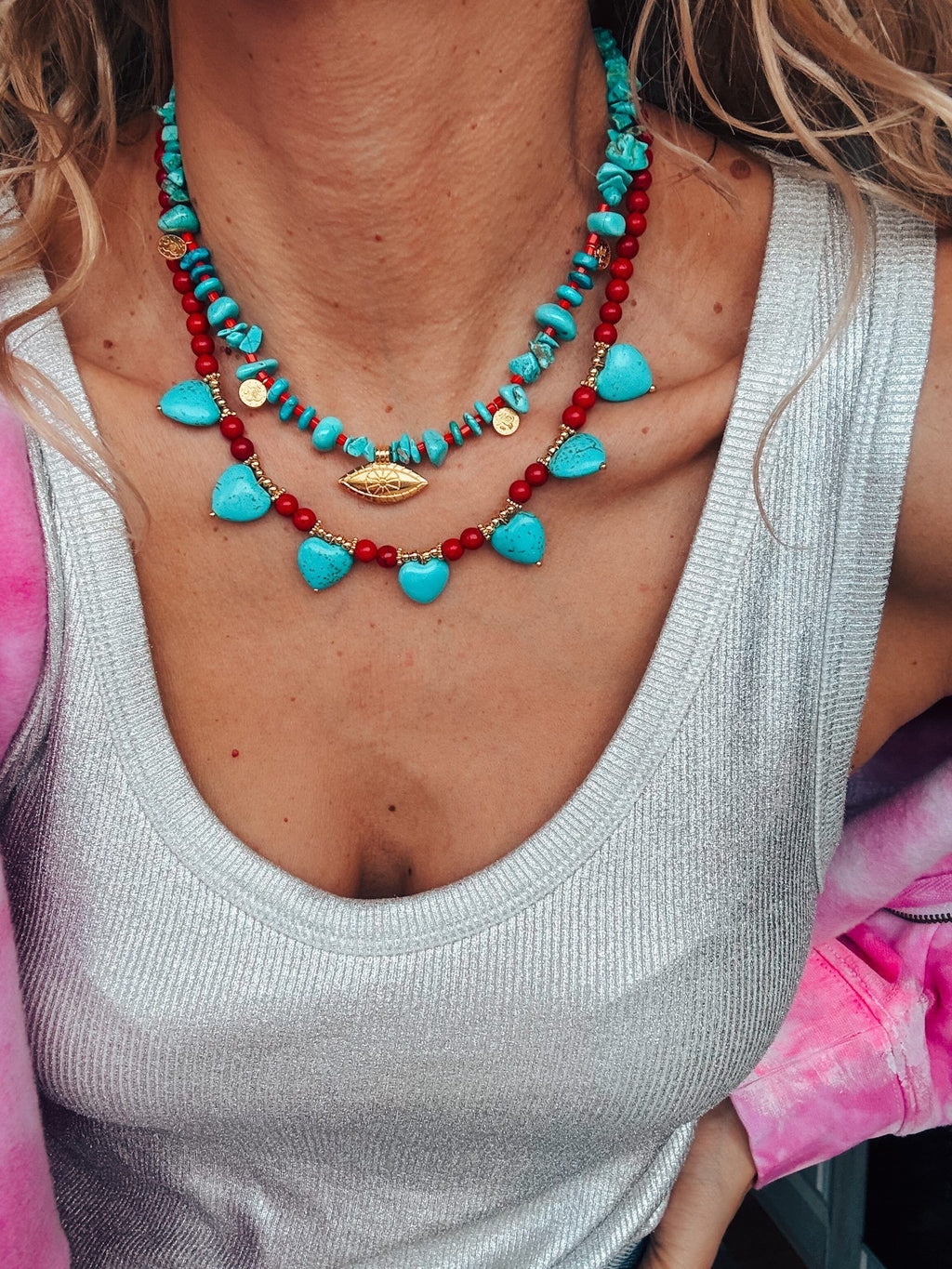 Turquoise and red beaded necklace with eye