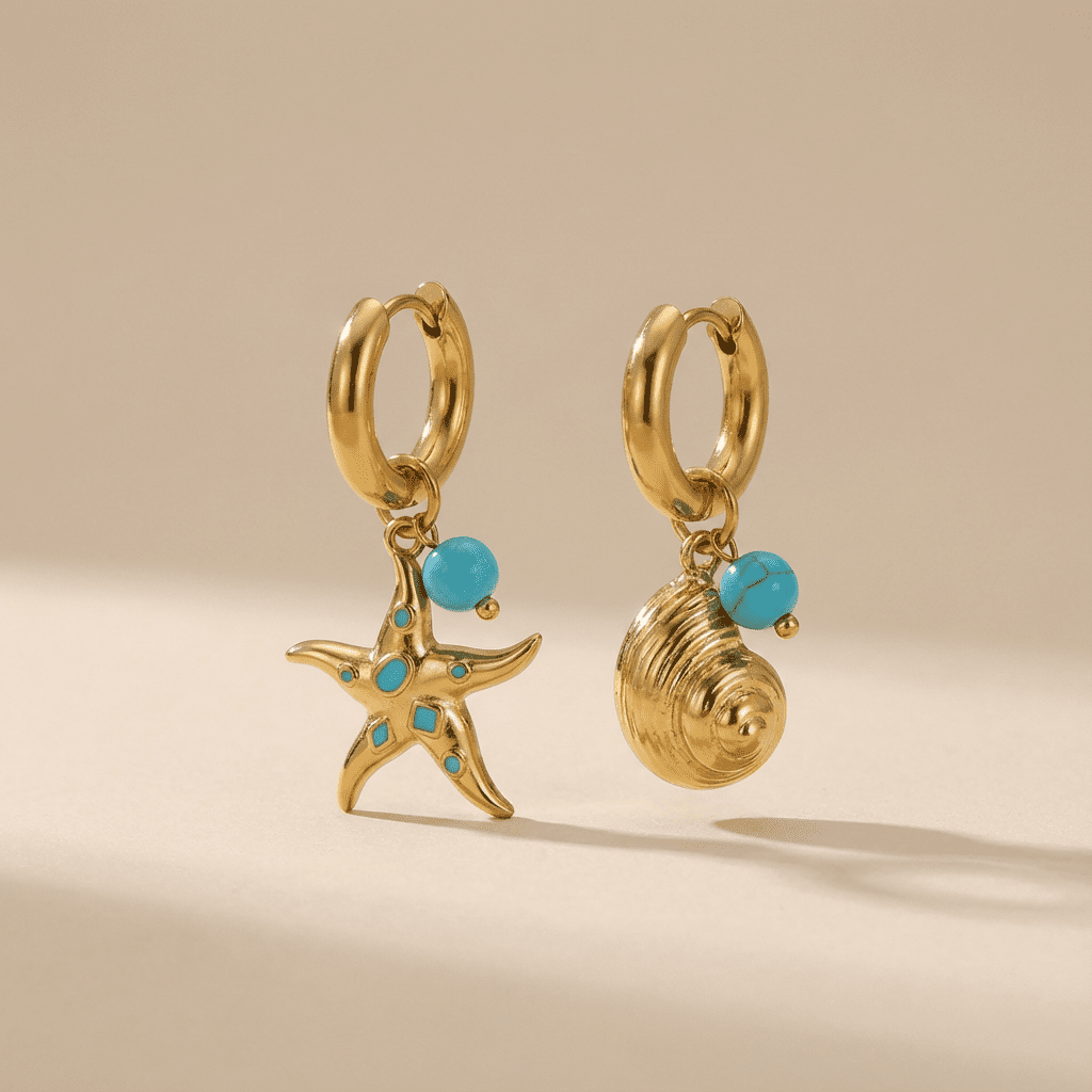 Gold Starfish and Nautilus shell hoop Earrings