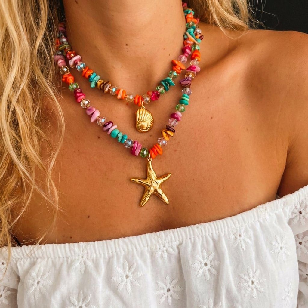 Kimolos multi semiprecious stone shell necklace with shell