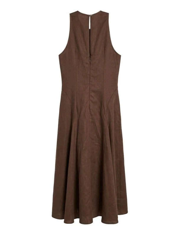 Evelina Godet Linen Dress Espresso — Apoella