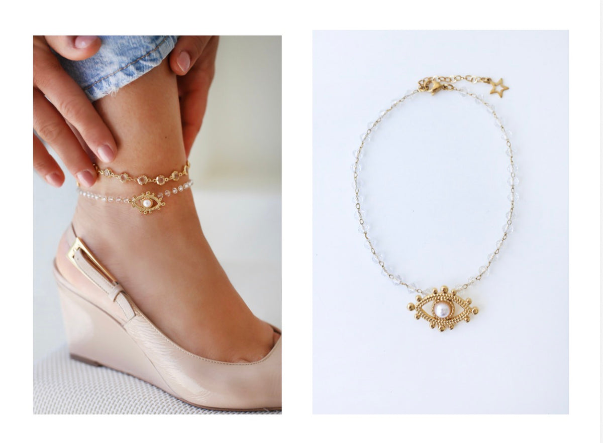 Evil eye pearl gold anklet — Iosifina Stars