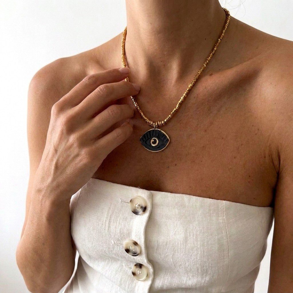 Handmade Ceramic Black Evil Eye Talisman Pendant Necklace