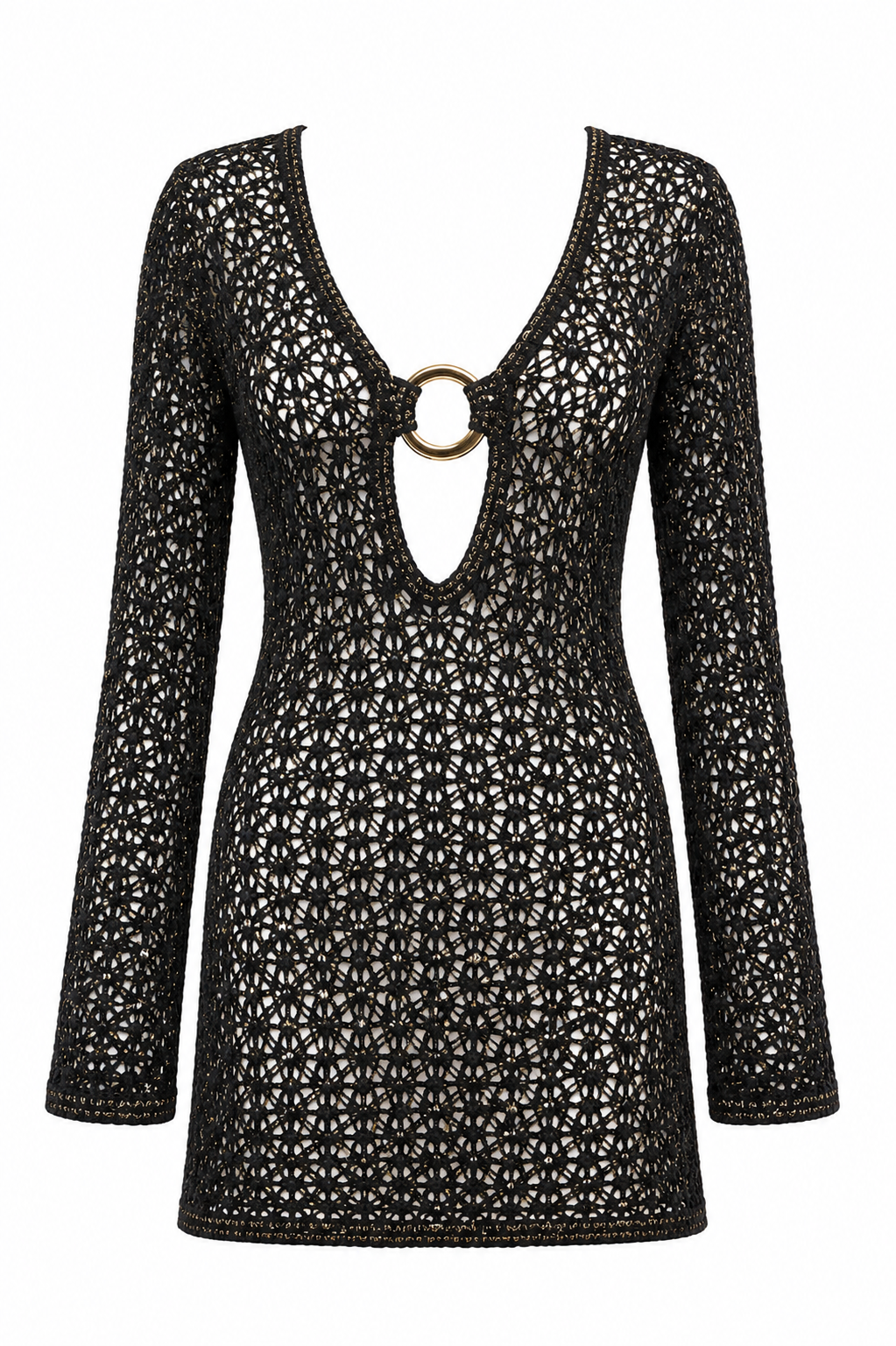 Paros Black crochet knit dress with gold detail