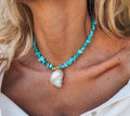 Turquoise chips choker with white large shell charm