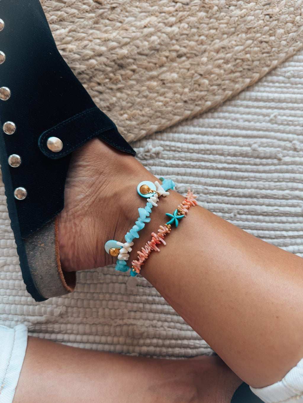 Coral anklet with turquoise starfish