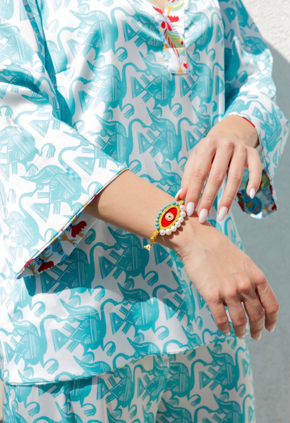 Oval Velvet Eye Bracelet, Pearl Paste, Turquoise, Turquoise Paste Drops, Gold Thread, Macrame — Chase The Sun