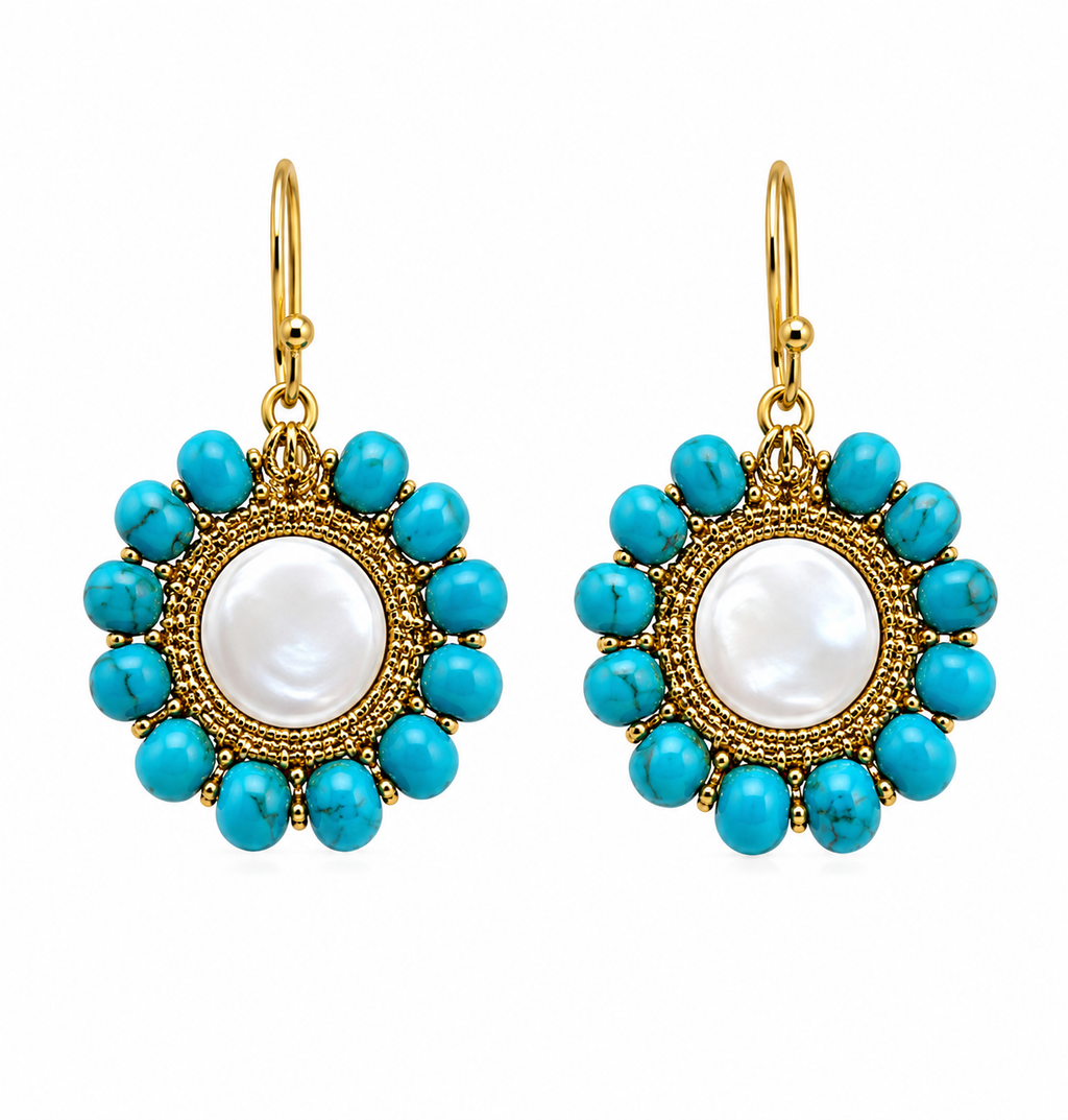 Hook Earrings, Embroidered Elements, Pearl, Turquoise, Gold Thread — Chase The Sun