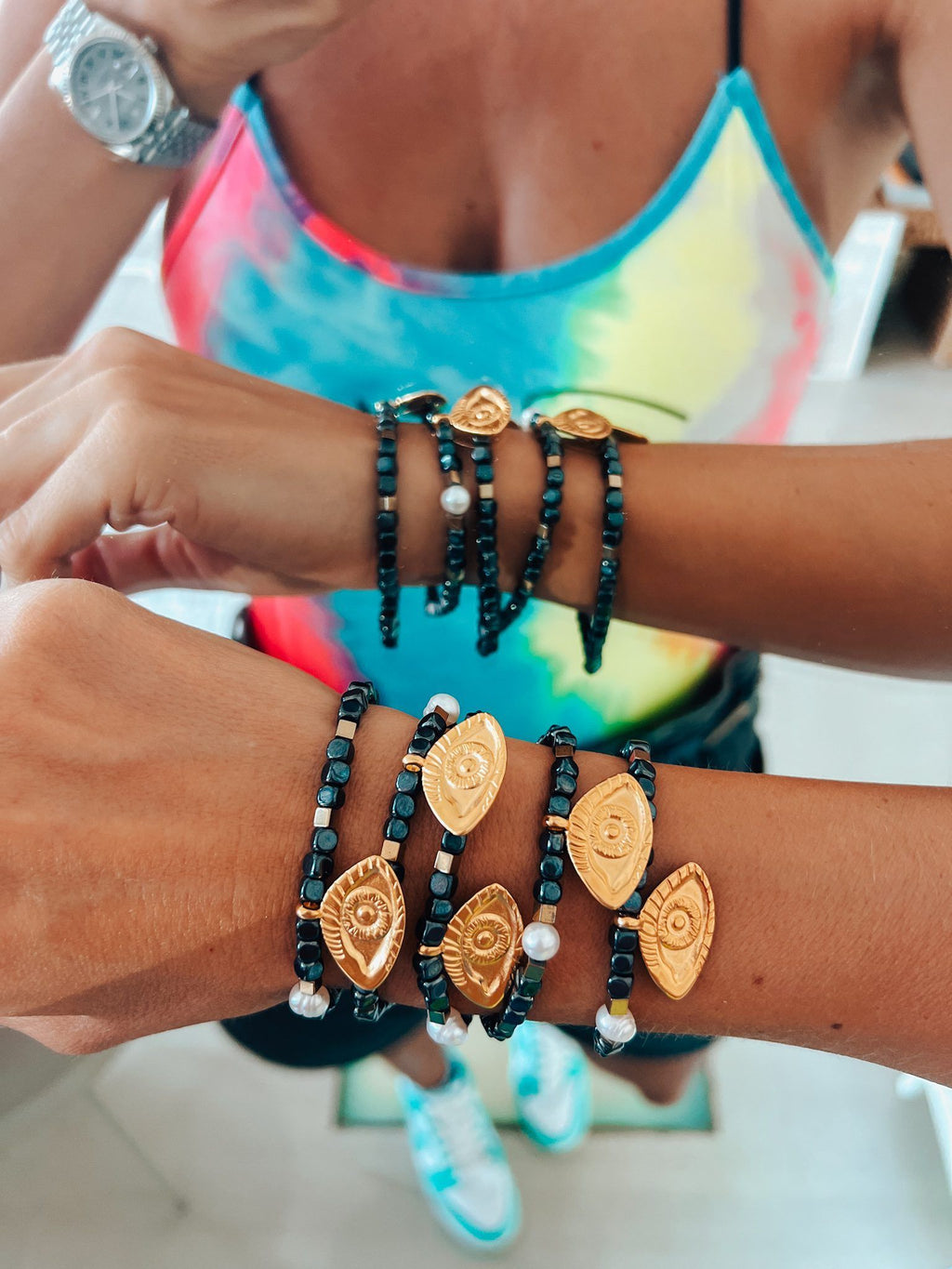 Semiprecious hematite bracelet with golden eye