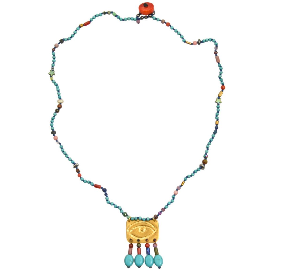 Rosary Necklace Turquoise, Mixed Stones, Gold-Plated Rectangular Eye — Chase The Sun