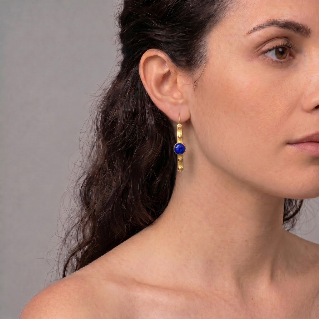 Gold Hoop Boho Earrings with Lapis stone