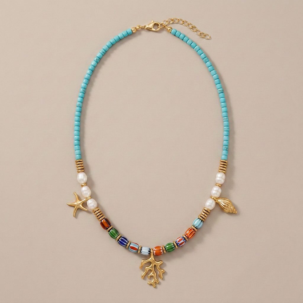 Ocean Treasure Turquoise Beaded Necklace with Coral