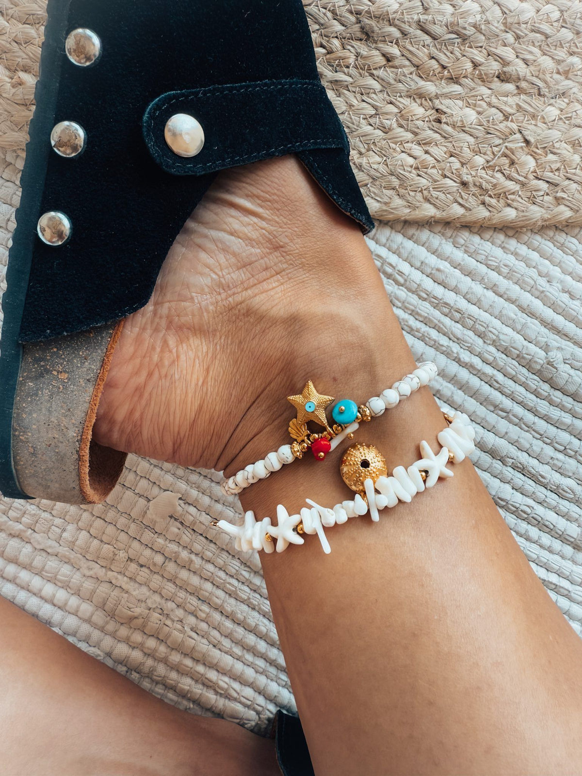 White and gold sea urchin anklet