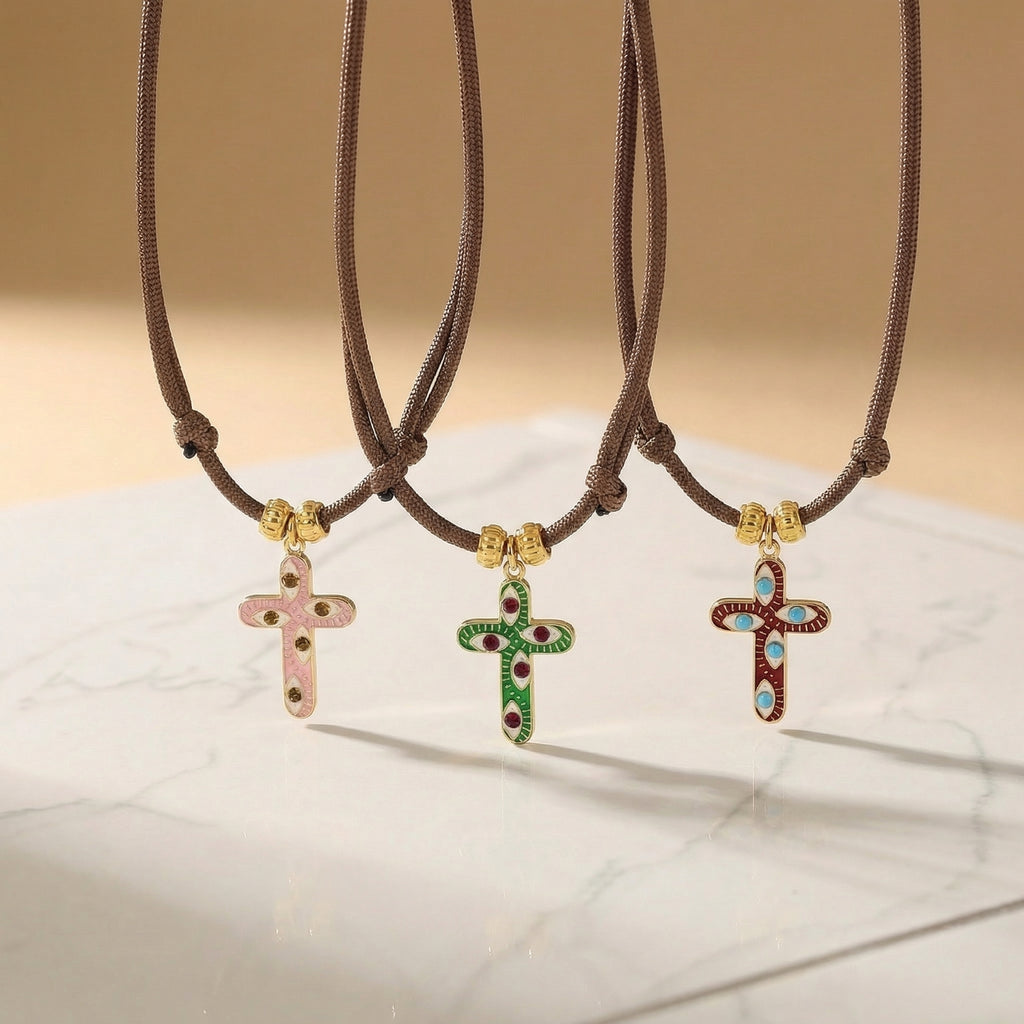 Layered Brown Cord Cross Charm Necklaces with eye detail