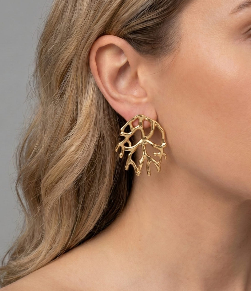 Large coral stud earring in silver and gold