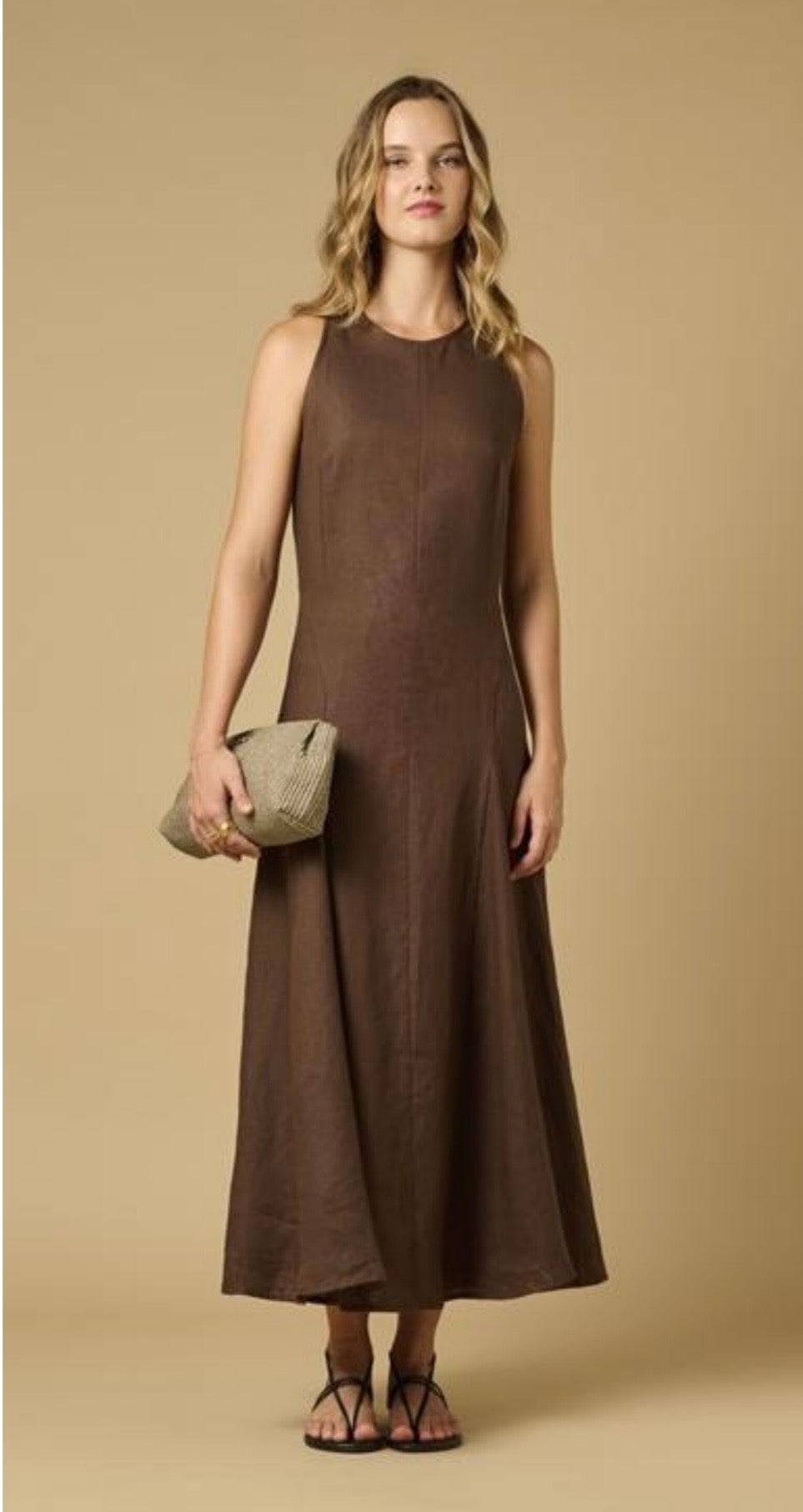 Apoella EVELINA GODET LINEN DRESS ESPRESSO front.jpg