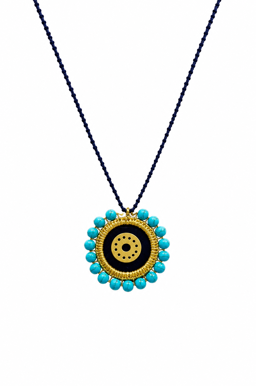 Large Velvet Eye Necklace, Hematite, Jade-Turquoise Paste Drops, Brass Eye, Cord — Chase The Sun
