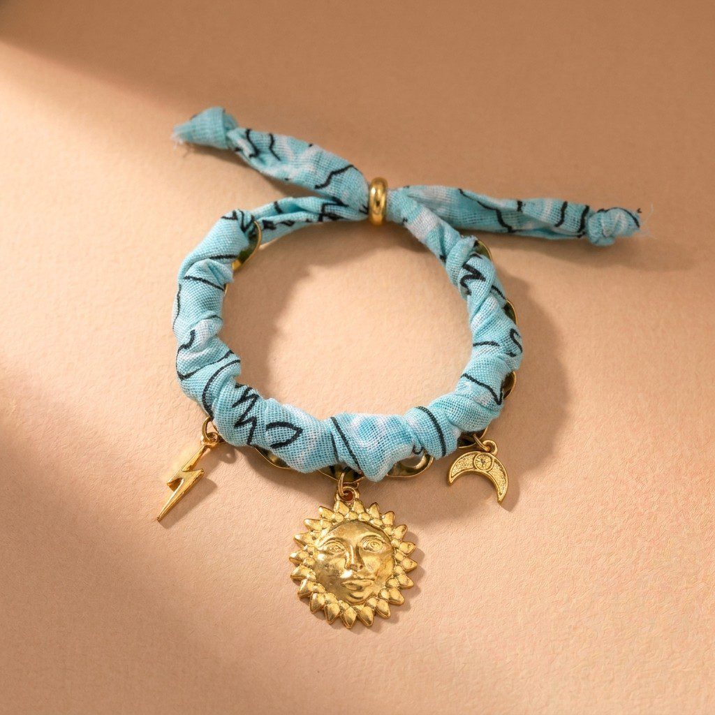 Celestial Bandana Scarf Gold Charm Chain Bracelet - Turquoise