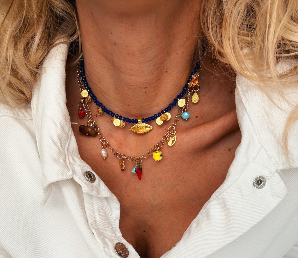 Colorful beaded evil eye summer necklace in blue