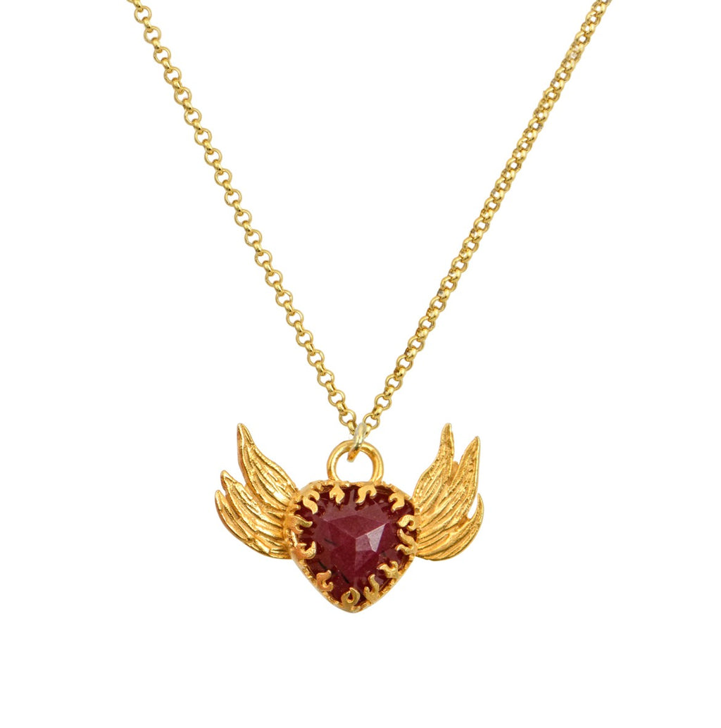 Handmade Flaming Heart With Wings Bezel Necklace, Gold-Plated Chain, Cabochon Stone — Chase The Sun