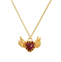 Handmade Flaming Heart With Wings Bezel Necklace, Gold-Plated Chain, Cabochon Stone — Chase The Sun