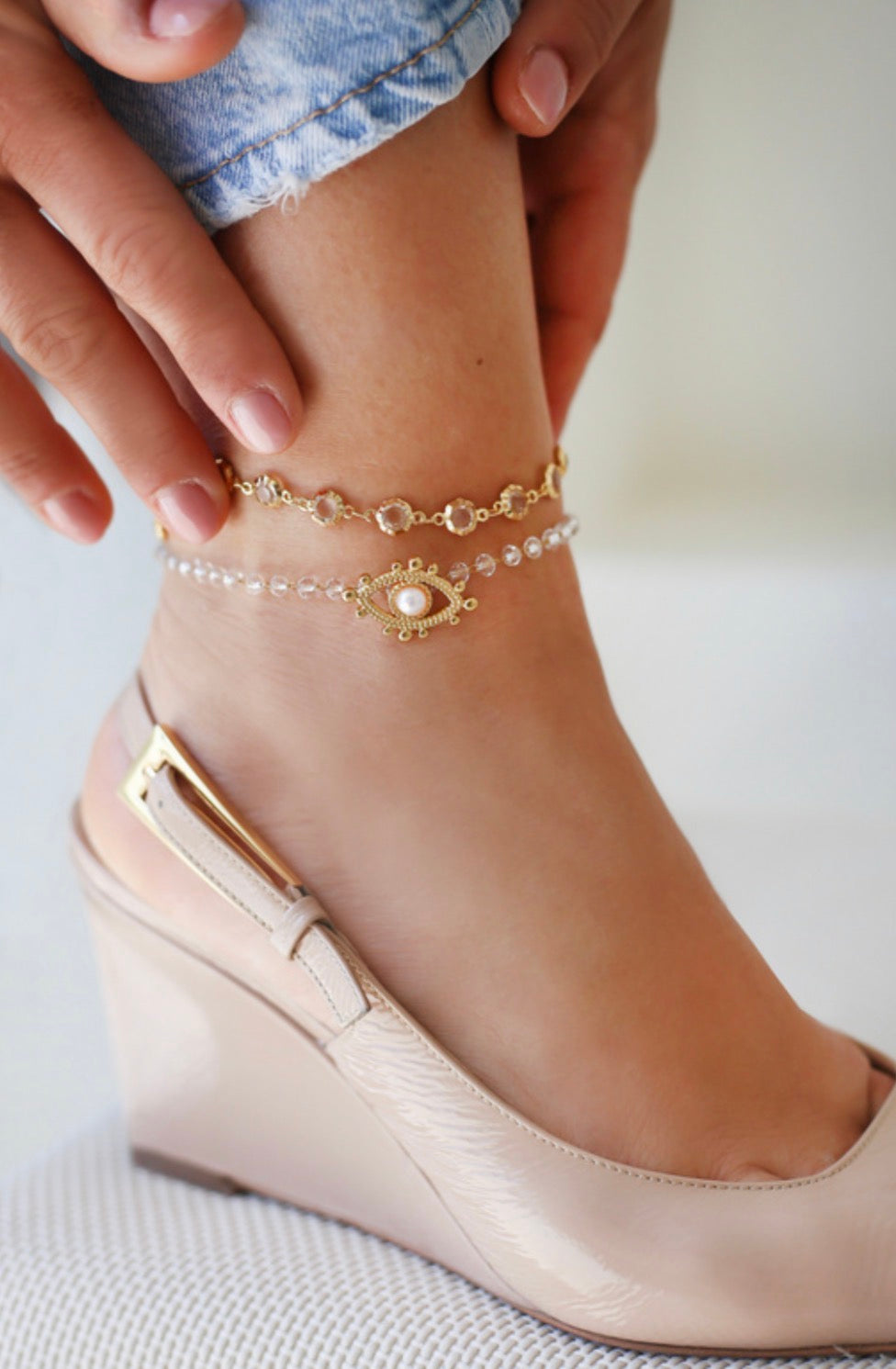 Evil eye pearl gold anklet — Iosifina Stars