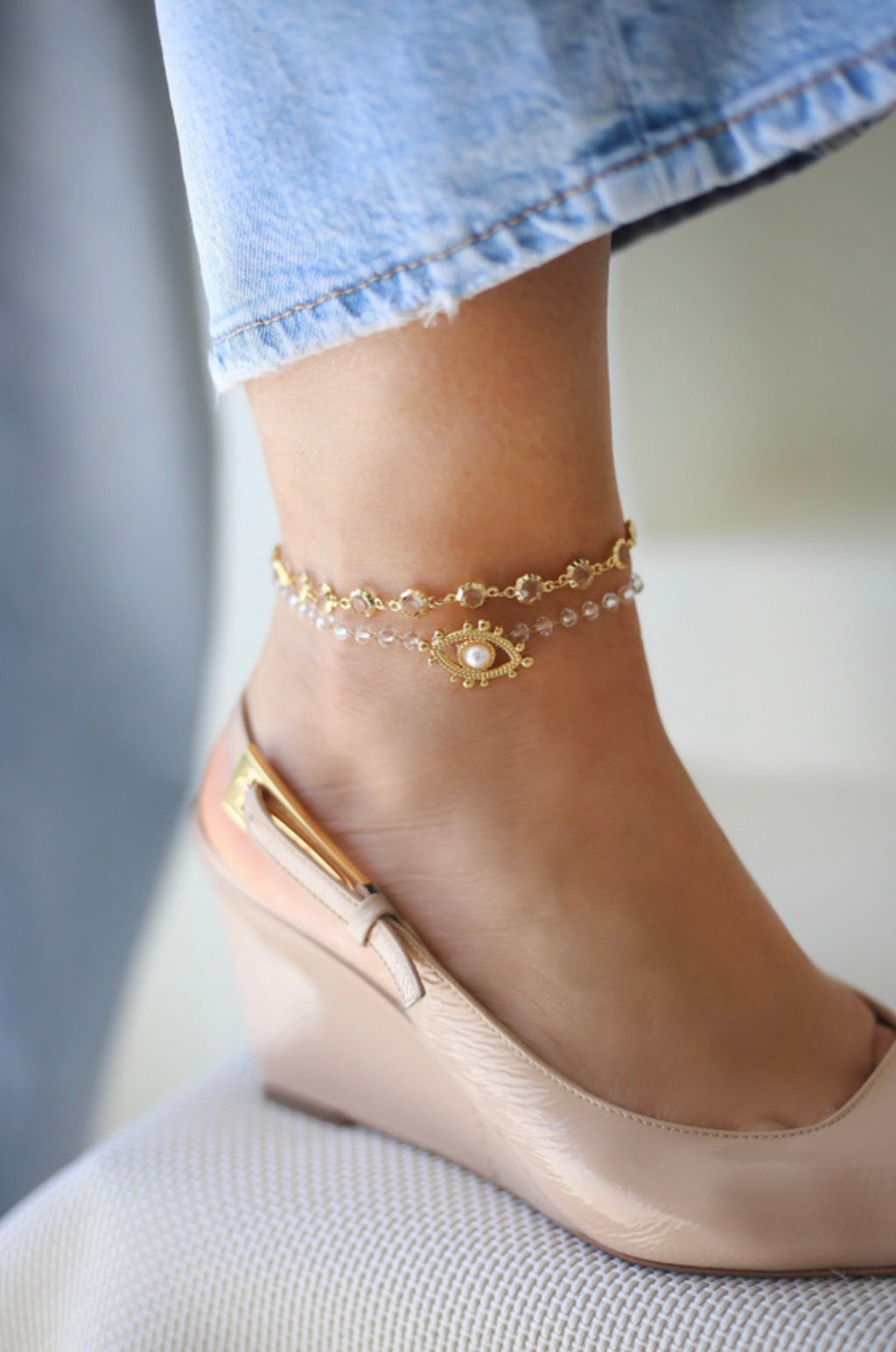 Evil eye pearl gold anklet — Iosifina Stars