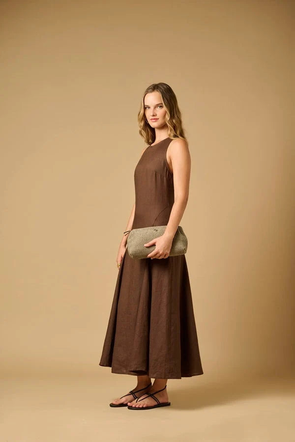 Evelina Godet Linen Dress Espresso — Apoella