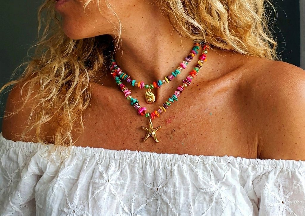 Kimolos multi semiprecious stone shell necklace with shell