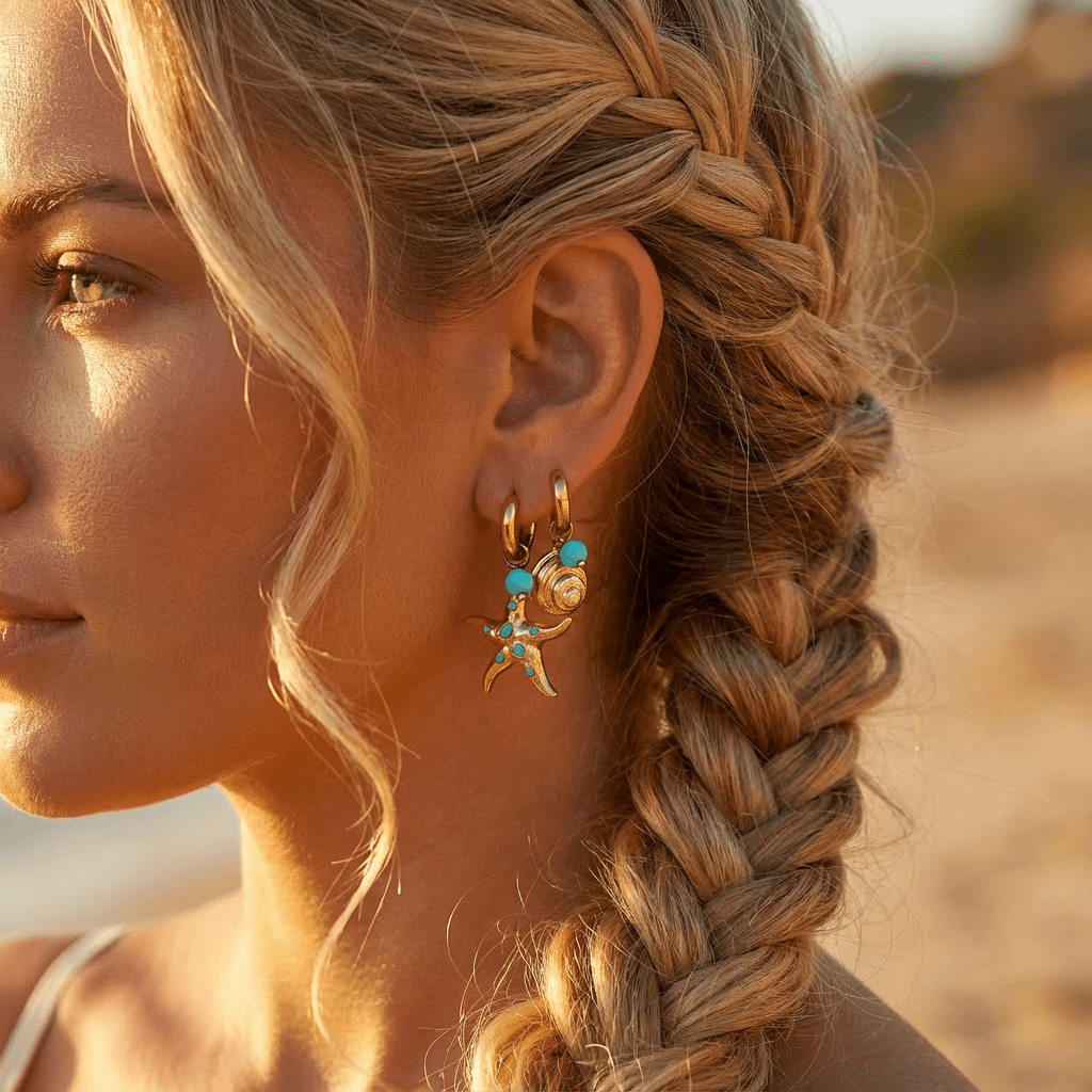 Gold Starfish and Nautilus shell hoop Earrings
