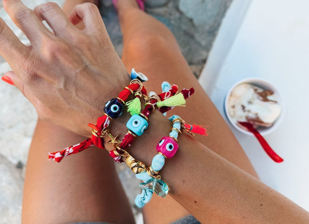 Turquoise Bandana scarf bracelets with cube eyes and tassels