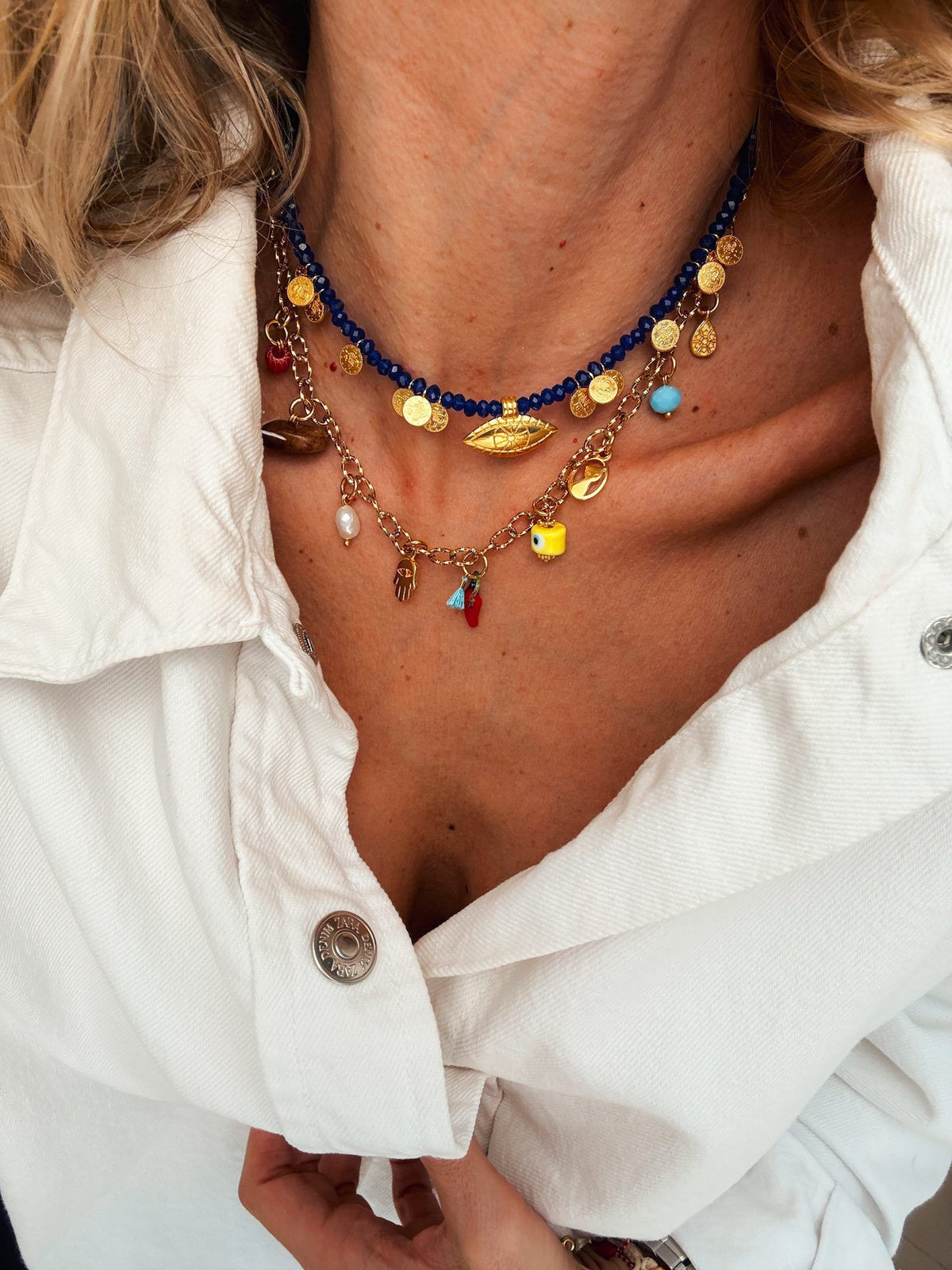 Colorful beaded evil eye summer necklace in blue