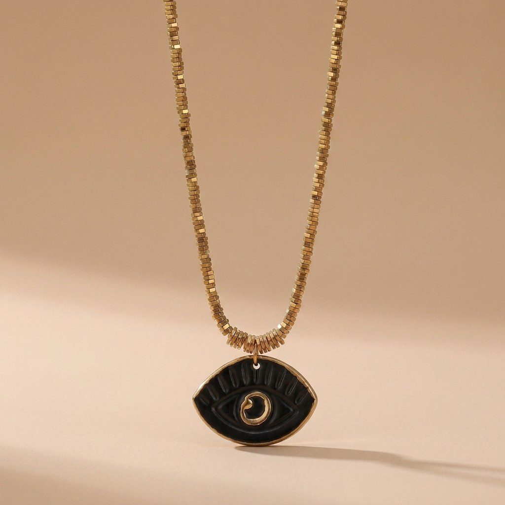 Handmade Ceramic Black Evil Eye Talisman Pendant Necklace