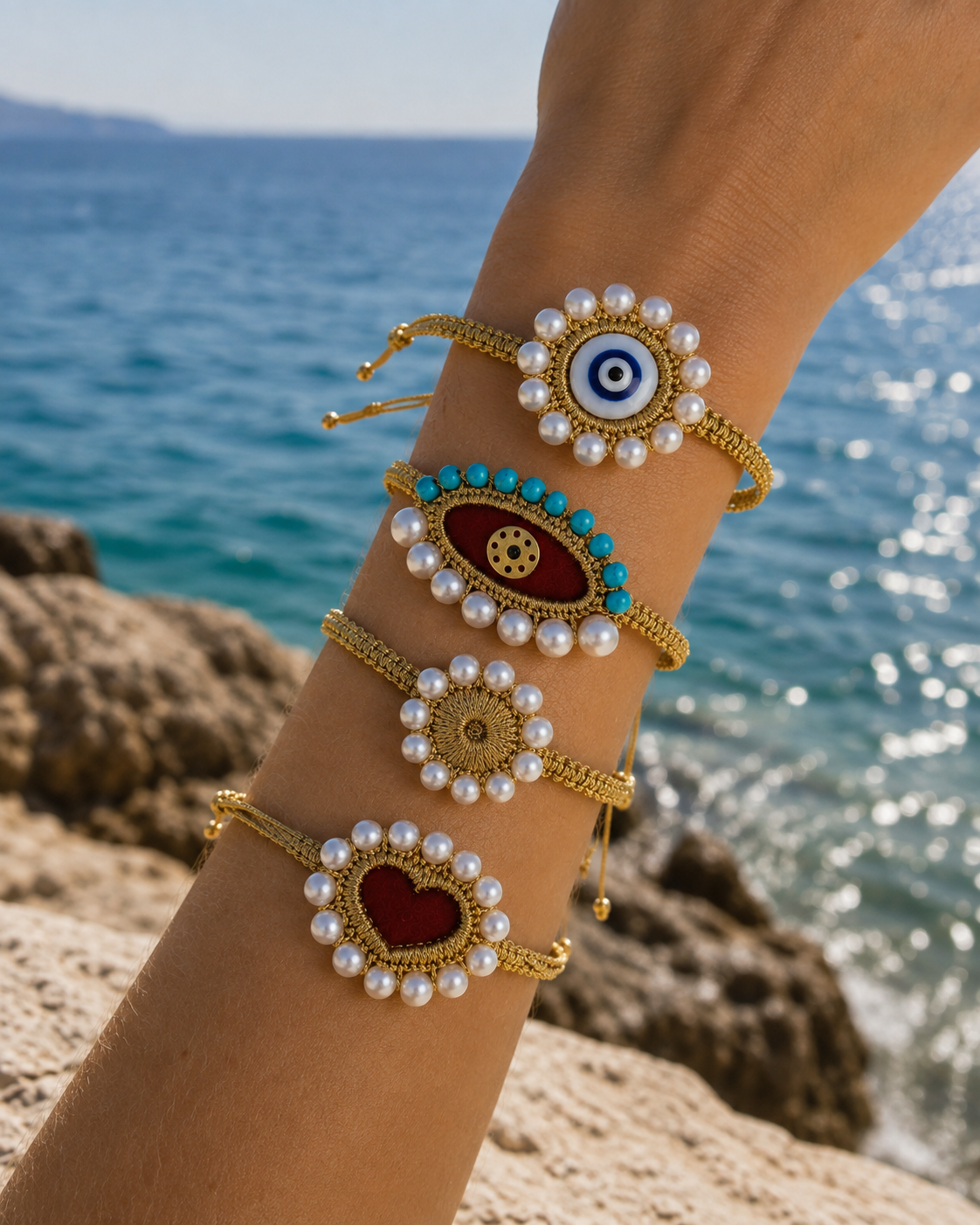 Oval Velvet Eye Bracelet, Turquoise, Pearl, Gold Thread, Brass Circle — Chase The Sun