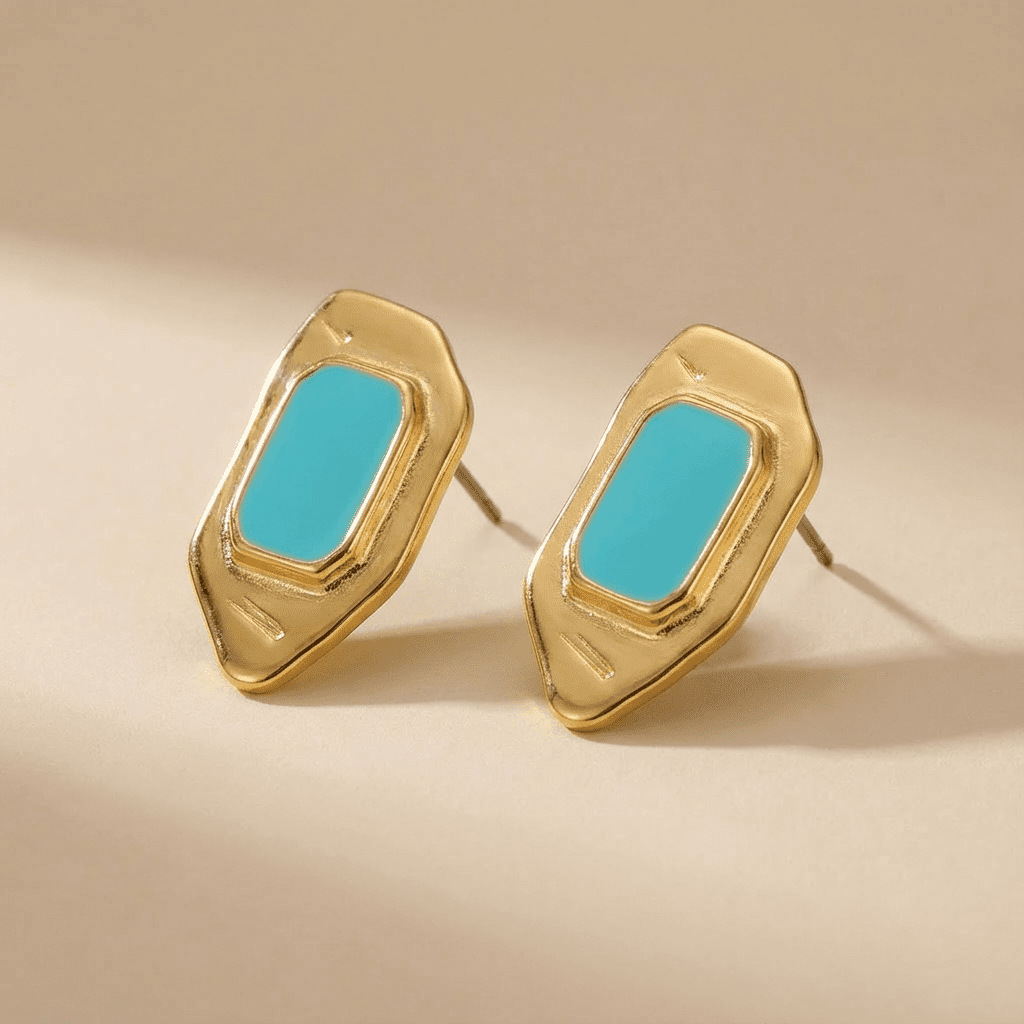 Vintage style geometric gold earring with turquoise enamel