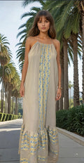 Beige Dress with blue and gold peacock pattern — Mystery Resort