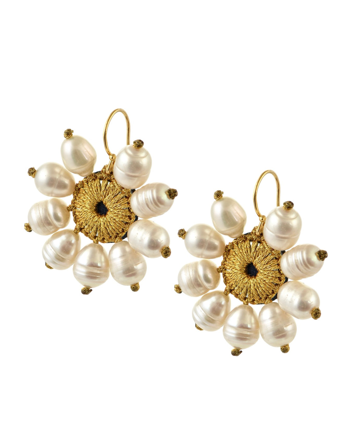 Hook Earrings, Embroidered Elements, Pearl, Gold Thread — Chase The Sun