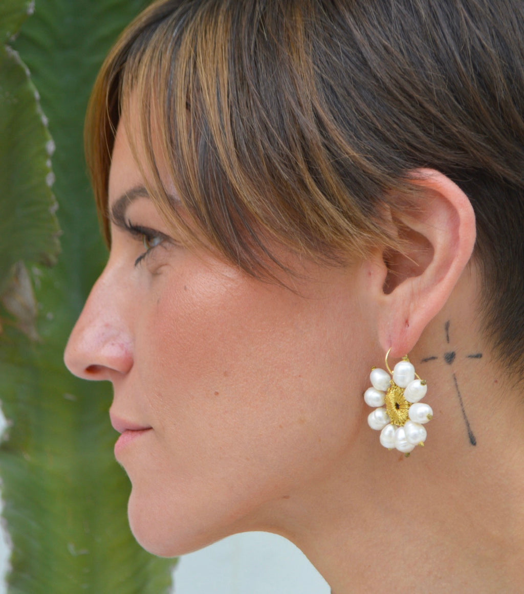 Hook Earrings, Embroidered Elements, Pearl, Gold Thread — Chase The Sun