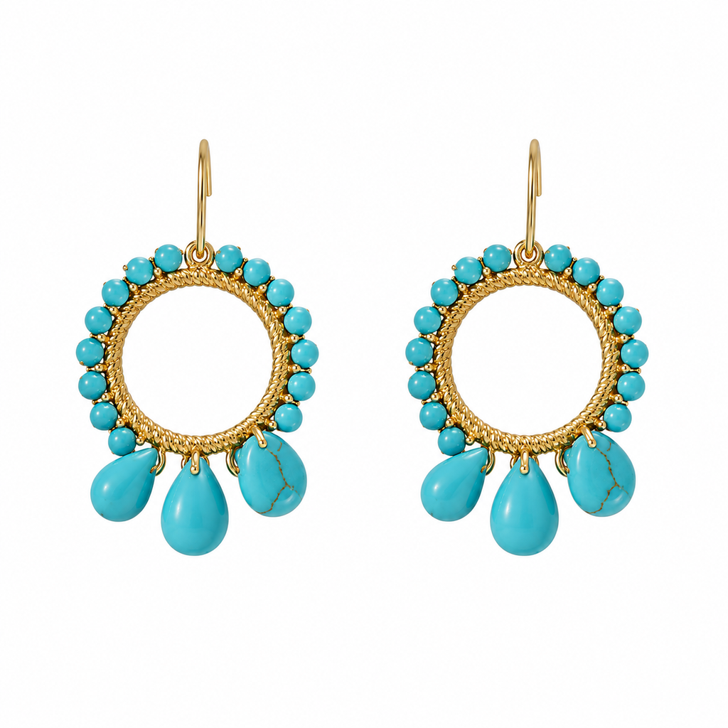 Hook Earrings, Embroidered Elements, Turquoise, Turquoise Drops, Gold Thread — Chase The Sun