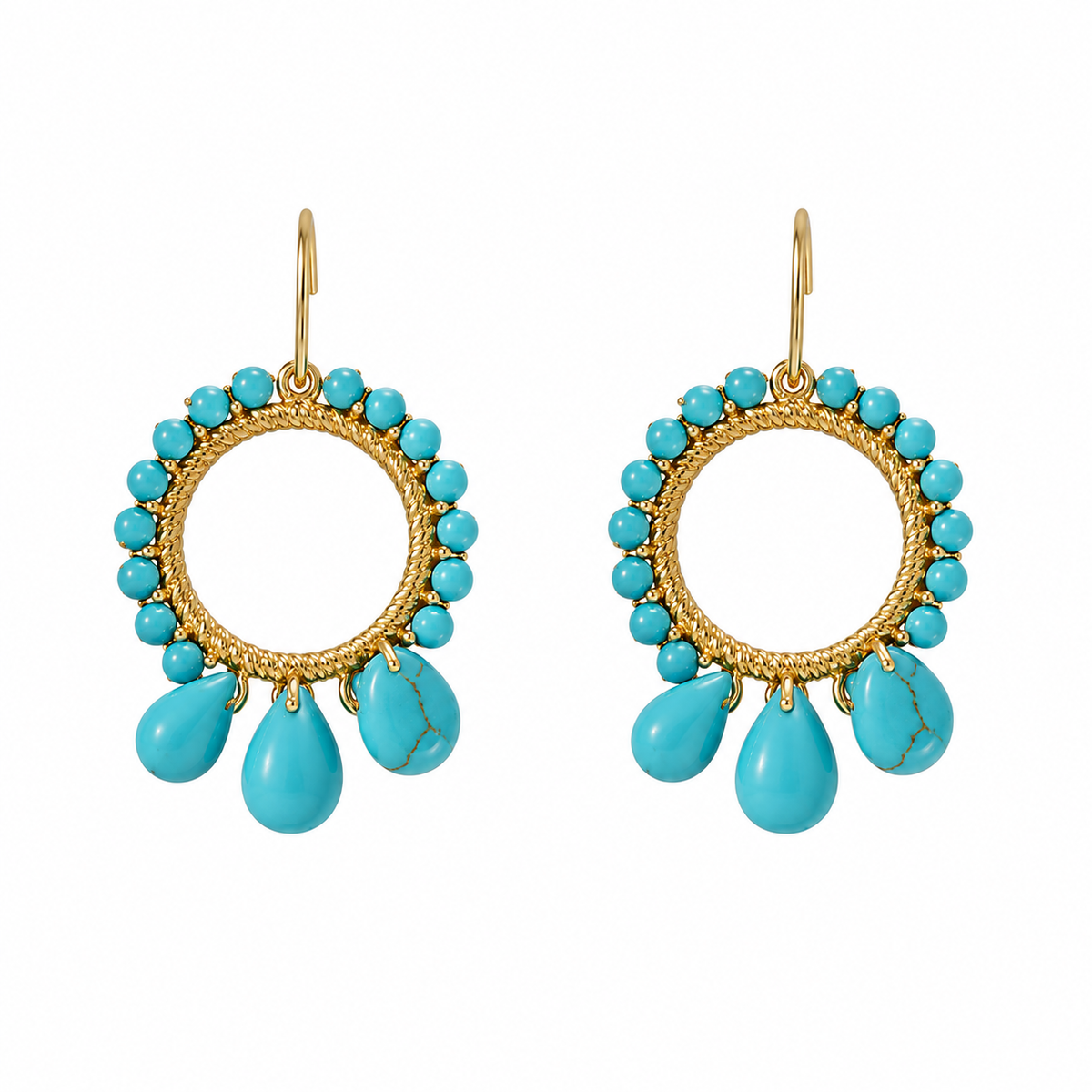 Hook Earrings, Embroidered Elements, Turquoise, Turquoise Drops, Gold Thread — Chase The Sun