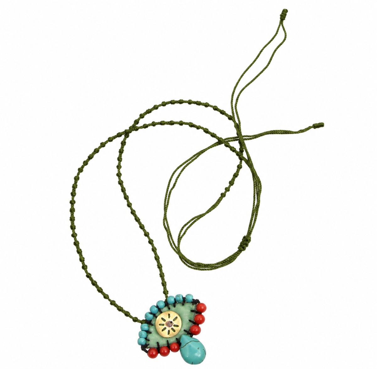 Small Velvet Eye Necklace, Coral, Turquoise, Turquoise Paste Drops, Brass Circle, Cord — Chase The Sun