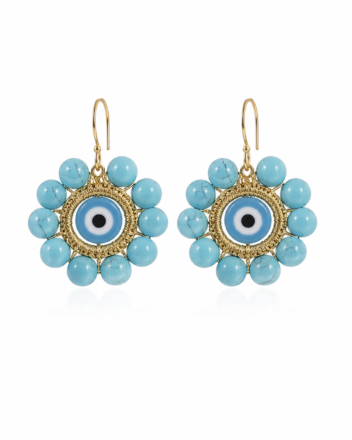 Round Eye Earrings, Turquoise, Gold Thread, Glass Eye, Gold-Plated Hooks — Chase The Sun