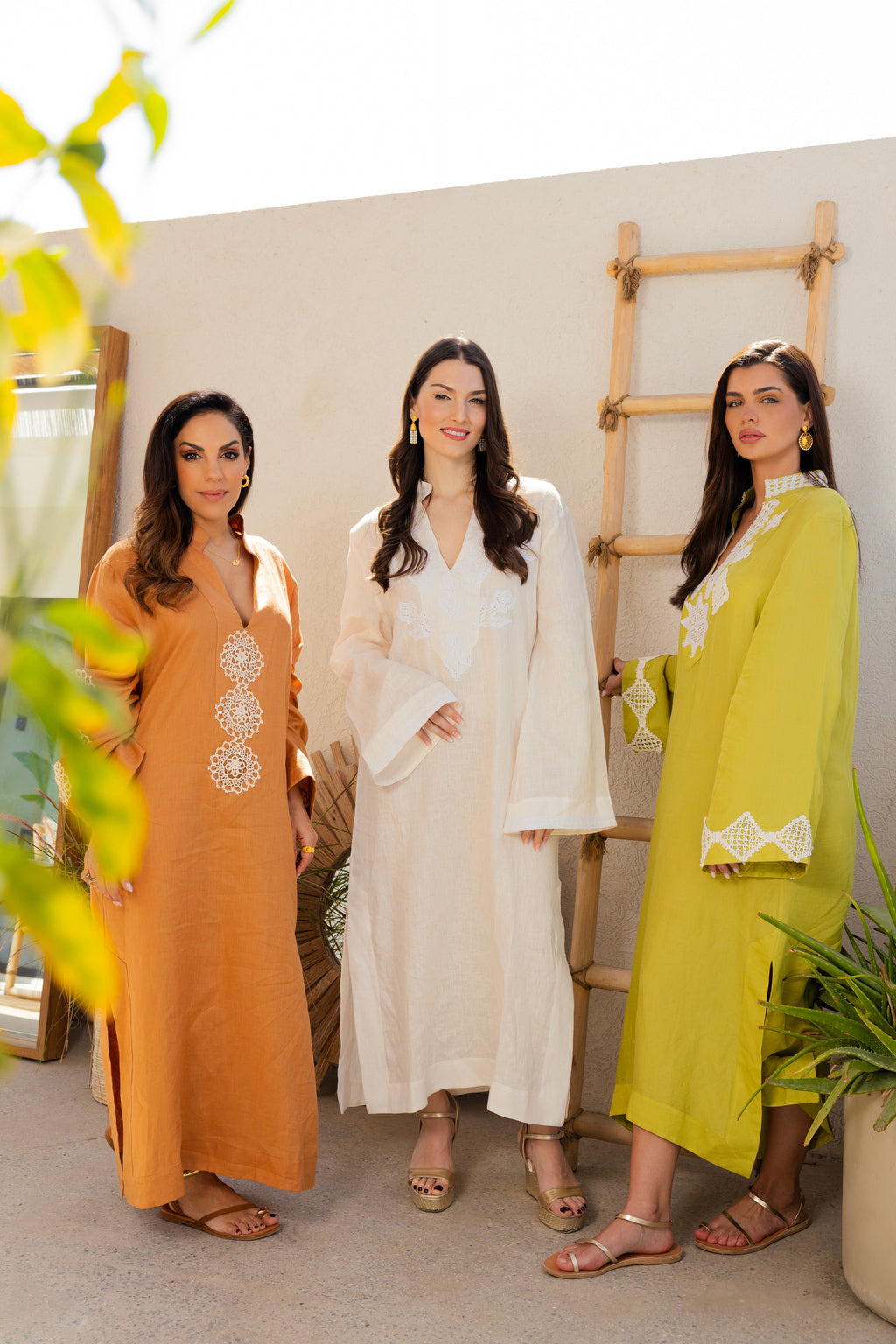 photoshoot three linen flora kaftans standing.JPEG